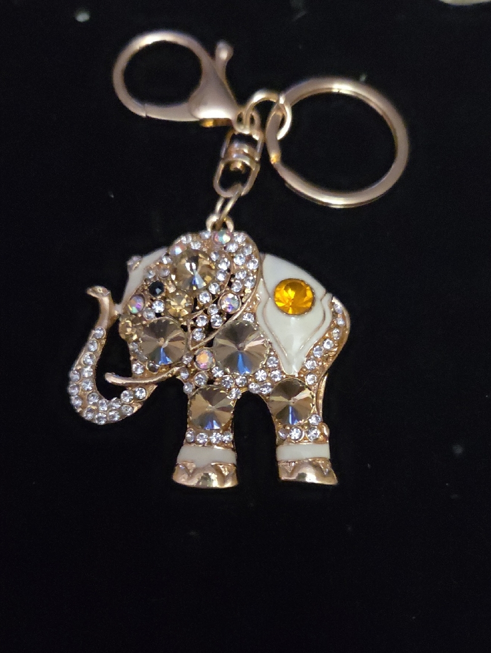 Rhinestone Elephant Keychain Or Bag Charm- Gold Tone with White and Amber NWOT